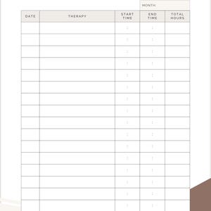 May include: A Therapy Log with the title at the top. The log has columns for date, therapy, start and end times, and total hours. The design is minimalist with a neutral colour palette.