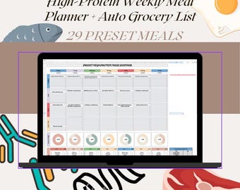 High-Protein Weekly Meal Planner + Auto Grocery List | 29 Preset Meals | Editable Google Sheets (7-Day)