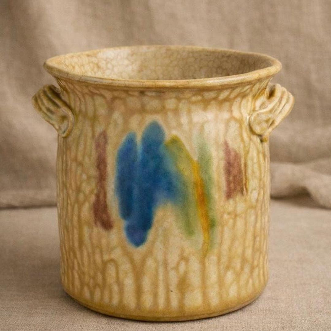 Signed Studio Pottery Crock Vase – Textured Drip Glaze Ceramic Vessel ...