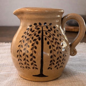 Vintage Crackle Glaze Stoneware Pitcher – Folk Art Tree Motif Vase