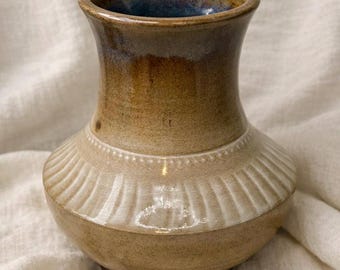 Signed Studio Pottery Vase – Hand-Thrown Stoneware with Brown Drip & Blue Interior