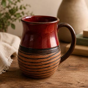 May include: A ceramic mug featuring a glossy deep red glazed upper section and a textured lower section with horizontal dark brown incised lines. The mug has a rounded body, a wide rim, and a curved handle on the right side, showcasing a two-tone finish.