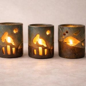 Signed Steven T. Csargo Studio Pottery Luminaries Set of 3 | Hand Cut Stoneware Candle Holders | Arts & Crafts Ceramic Lanterns