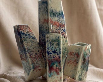 Signed Studio Pottery Vase Sculptural Modernist Ceramic Blue Coral Speckled Glaze Geometric Art Vase