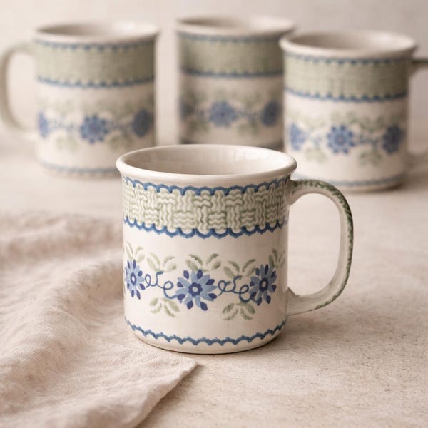 Polish Pottery Mug Set – Blue Floral Stoneware Coffee Cups