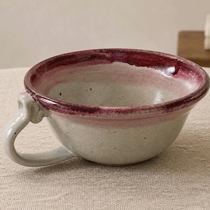 Handmade Studio Pottery Soup Mug Bowl Gray Glaze Burgundy Rim Signed 1992 Ceramic