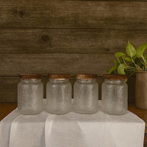 Textured Glass Storage Jars with Wooden Lids - Farmhouse Kitchen Canisters, Set of 4