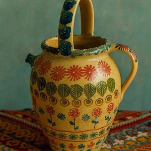 Vintage Hand-Painted Italian Pottery Jug: Mid-Century Floral Folk Art Vase
