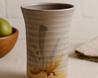 Signed Studio Pottery Vase – Hand-Thrown Ribbed Stoneware, Beige & Blue Drip Glaze