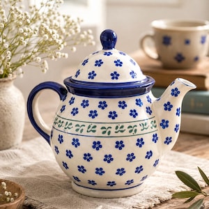Boleslawiec Polish Pottery Teapot – Hand Painted Blue Floral Stoneware Tea Pot – Made in Poland