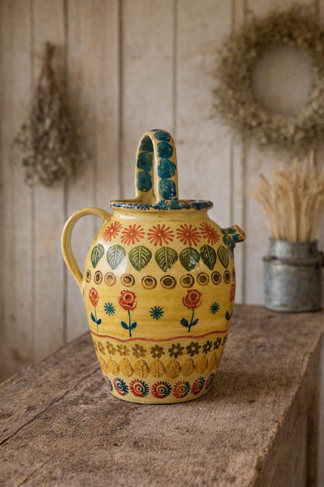 Vintage Italian Pottery Jug – Hand-painted Italo Ars Folk Art Pitcher ...