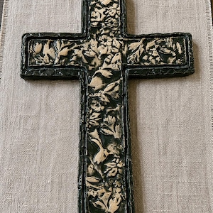 Signed Botanical Relief Pottery Cross | Handmade Ceramic Wall Hanging | Moss Green Artisan Folk Art | Rustic Wabi Sabi Dec
