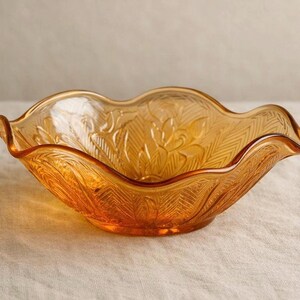 Vintage Carnival Glass Bowl Amber Marigold Ruffled 12 Inch Serving Bowl Jeannette Iris Herringbone 1920s