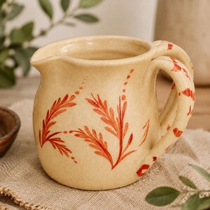 May include: A cream-colored ceramic pitcher featuring a hand-painted red botanical pattern of wheat-like stalks on the body and red spots decorating the curved handle. The vessel has a rounded shape with a small pouring spout at the top rim.
