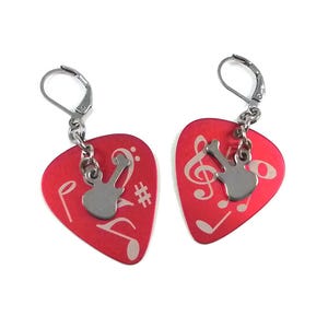 Red Guitar Pick Earrings with Music Notes and Tiny Steel Guitars