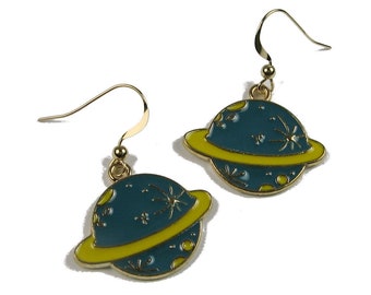 Turquoise Planet With Yellow Rings Earrings - Space Science Jewelry