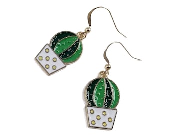 Green Cactus Earring with 14K Gold Filled Ear Wires - Potted Plant Jewelry