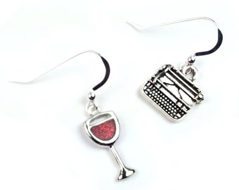 Write Drunk Earrings - Red Wine and Typewriter Mismatched Pair