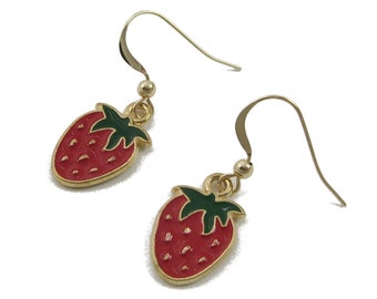 Strawberry Earrings with 14K Gold Filled Ear Wires - Summer Fruit Jewelry