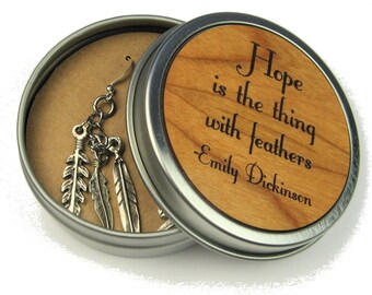 Feather Earrings With Emily Dickinson Quote (Hope Is The Thing With Feathers) - Jewelry Gift Tin