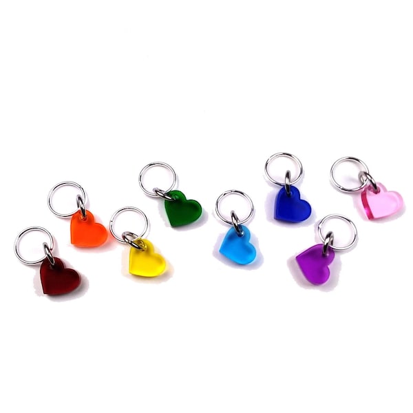 Rainbow Heart Stitch Markers - Set of 8 Place Holders for Knitting or Crochet in Assorted Colors