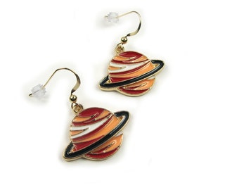 Striped Planet With Rings Earrings - Space Science Jewelry