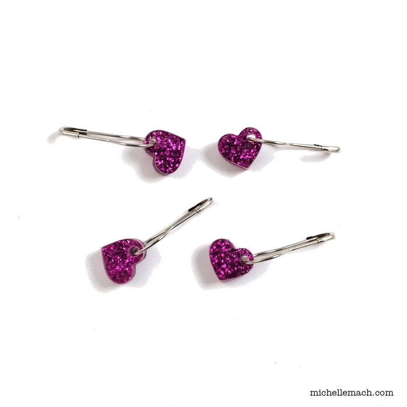 Small Heart Stitch Markers Set of 4 Choose Your Sparkle Color image 1