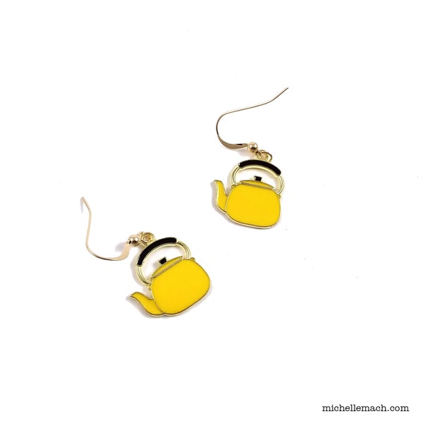 Yellow Tea Kettle Earrings with 14K Gold FIlled Ear Wires