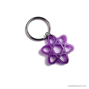 May include: Purple atom keychain with a silver key ring.