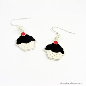 Cupcake Earrings - Kawaii Cute Miniature Food Jewelry in Red, Black, and White