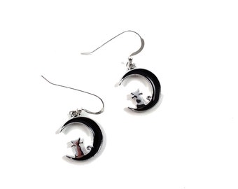 Black Crescent Moon and Cat Earrings with Sterling Silver Ear Wires