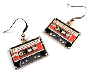 Cassette Tape Earrings in Black and Orange with 14K Gold Filled Ear Wires