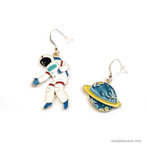 Astronaut and Planet Earrings - Mismatched Earrings with 14K Gold Filled Ear Wires
