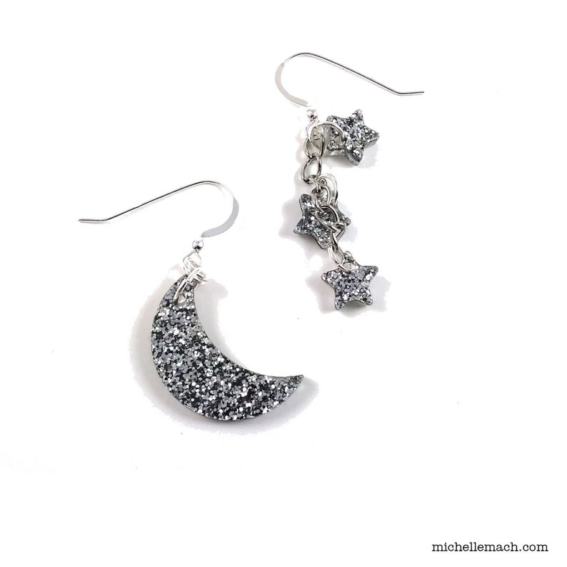 Crescent Moon and Stars Earrings 1 Moon, 1 Star