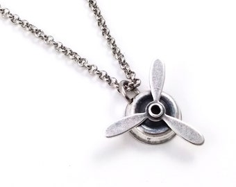 Propeller Pendant Necklace on Stainless Steel Chain - Jewelry for Pilot, Airplane Traveler