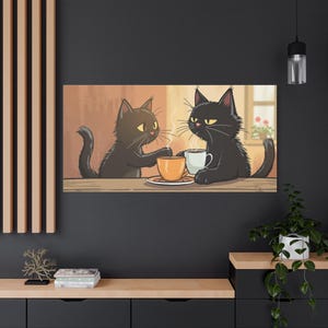 Canvas Print, Cute Cat Drinking Coffee Wall Art, Matte Stretched 1 25&quot; Home Decor, Cat Lover Gift, Coffee Lover Gift, Kitchen Wall