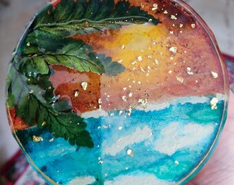 Tropical Sunset Resin Art: Gold Leaf Beach Scene on Reclaimed Wood