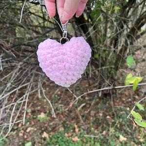 May include: A light pink, heart-shaped keychain made of a soft, textured material. The keychain is attached to a silver-colored metal clasp. The background features out-of-focus greenery and branches.