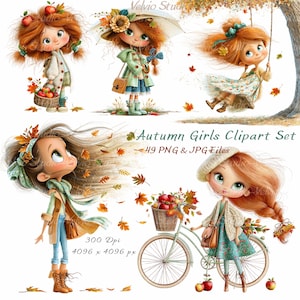 May include: A digital clipart set featuring five illustrations of girls with red or brown hair in autumn-themed outfits, including accessories like baskets of apples, a bicycle, and a swing. The text reads Autumn Girls Clipart Set, 49 PNG & JPG Files, 300 Dpi, 4096 x 4096 px.