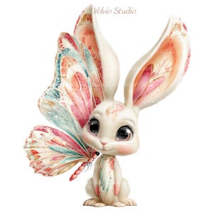 Peut inclure: Illustration fantaisiste d'un lapin blanc avec des ailes de papillon. Les ailes pr&eacute;sentent des couleurs pastel de rose, de bleu et de p&ecirc;che. Le lapin a de grands yeux et des oreilles roses avec des d&eacute;tails dor&eacute;s. L'image est sign&eacute;e "Velvio Studio."