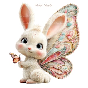 Peut inclure: Illustration fantaisiste d'un lapin blanc aux grands yeux bleus, aux joues roses et aux ailes de papillon. Le lapin tient un papillon aux ailes orange et marron. L'image a une palette de couleurs douces et pastel, sur fond blanc.