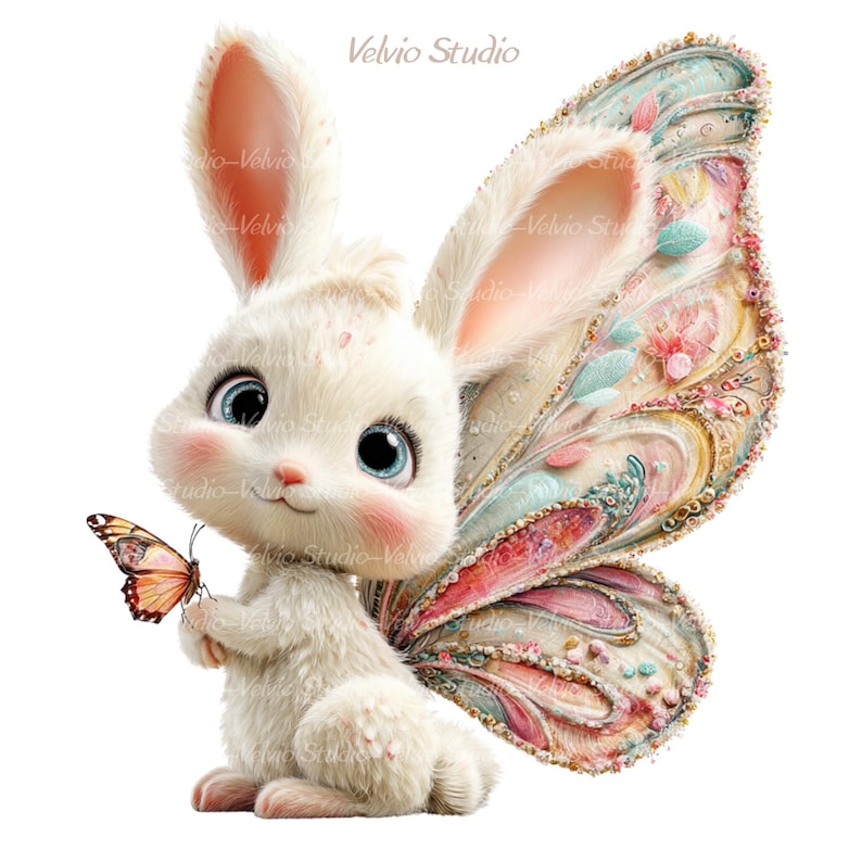 Peut inclure: Illustration fantaisiste d'un lapin blanc aux grands yeux bleus, aux joues roses et aux ailes de papillon. Le lapin tient un papillon aux ailes orange et marron. L'image a une palette de couleurs douces et pastel, sur fond blanc.