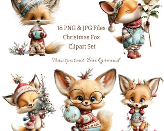 May include: A digital clipart set featuring six adorable cartoon foxes in festive winter attire. The foxes are depicted with holiday accessories like hats, scarves, and ornaments. The set includes 18 PNG and JPG files with a transparent background. The image also includes the text "Christmas Fox Clipart Set".