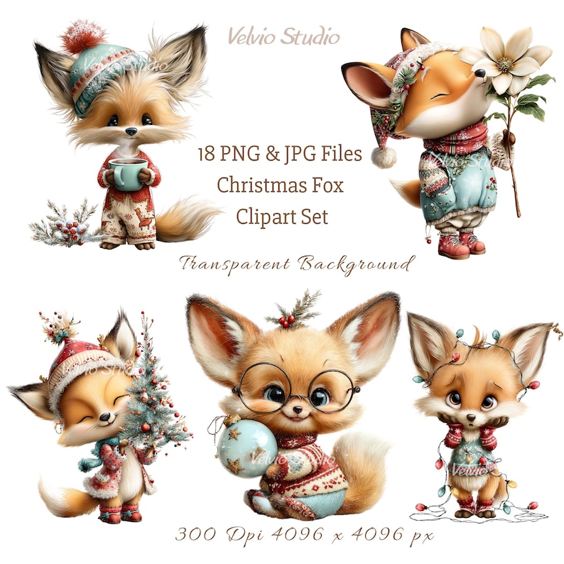 Christmas Fox Clipart Set: 18 PNG & JPG Files Included (digital ...