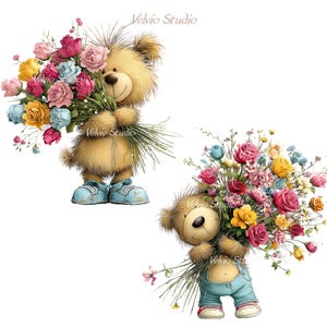 May include: Two illustrations of teddy bears holding bouquets of colorful flowers. The bears are light brown with blue shoes and overalls. The bouquets include pink, red, yellow, and blue roses. The image has a watercolor style.