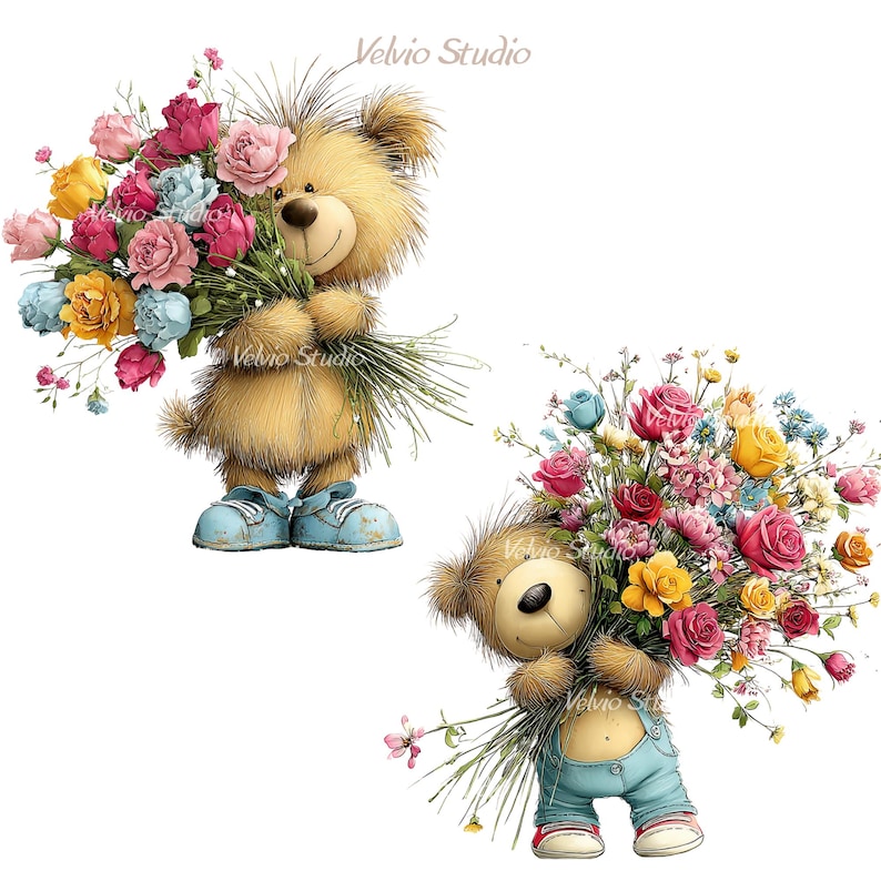 May include: Two illustrations of teddy bears holding bouquets of colorful flowers. The bears are light brown with blue shoes and overalls. The bouquets include pink, red, yellow, and blue roses. The image has a watercolor style.