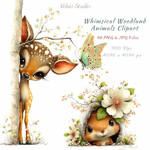 Puede incluir: Ilustración digital de animales del bosque caprichosos. Presenta un cervatillo, una mariposa y una ardilla. La imagen incluye el texto "Whimsical Woodland Animals Clipart" y "40 PNG & JPG Files". La obra de arte está en colores pastel suaves.