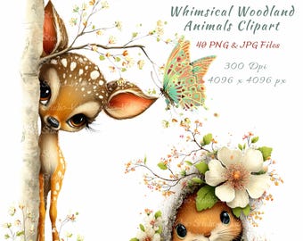 Ensemble de cliparts animaux de la forêt : illustrations printanières, 40 fichiers PNG et JPG (impression numérique)