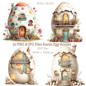 Op de afbeelding: Vier illustraties van paaseierhuizen, elk met een uniek ontwerp. De eivormige huizen hebben deuren, ramen en balkons, versierd met bloemen. De afbeelding bevat de tekst "30 PNG & JPG Files Easter Egg Houses".