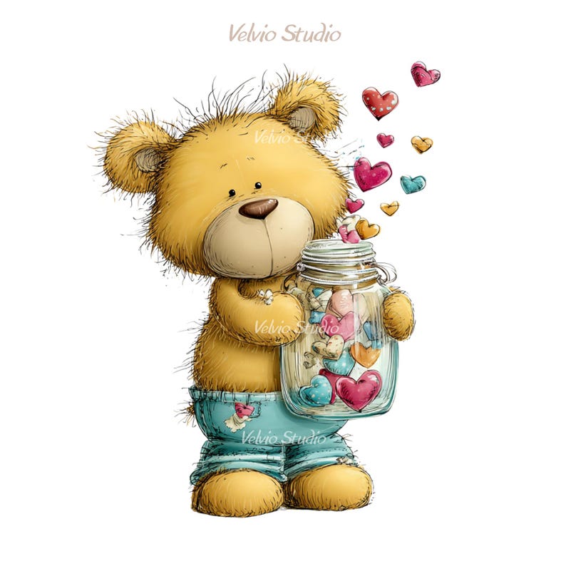 May include: A cartoon illustration of a teddy bear holding a glass jar filled with colorful hearts. The bear is wearing blue denim overalls and has hearts floating out of the jar. The image has the text "Velvio Studio".